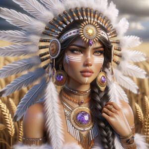 Create a 3-D beautiful, majestic Indigenous woman with a richly detailed headdress made of white feathers and beaded headband adorned with purple gems. Her dark brown hair is styled in long, thick braids that fall over her shoulders. She has face paint below her eyes and is adorned with elaborate golden jewelry, including a necklace with a prominent sun pendant, intricate chest armor, and dangling earrings with purple jewels. The background suggests a natural, earthy setting with hints of golden wheat, enhancing her regal and warrior-like presence."