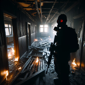 A destroyed hallway from a fire, all black but very eerie. Up cl...
