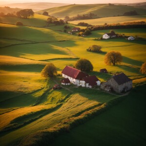Rural landscape at sunrise with rolling hills, a small farmhouse...