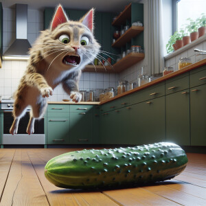 Foreground: Cucumber is on the kitchen floor. Background: cat wi...