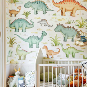 Decorate your child's room with adorable dinosaur-themed wallpap...