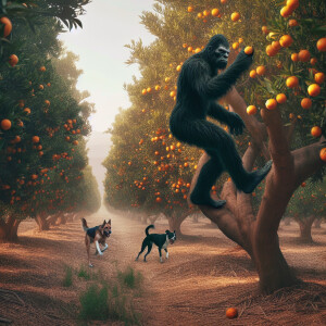A black humanoid looking Bigfoot chased up a tall orange tree in...