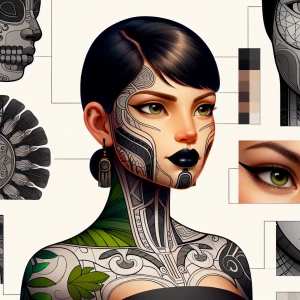 Design a character that blends Aztec, Maya, and Ashkenazi Jewish heritage, characterized by an intelligent expression and captivating presence, with a curvaceous figure and ample bust. Give her glossy black lips and glossy black makeup.