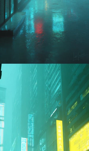 Street scene, cold colors, robot close-up, dim, doomsday feeling...