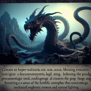 Design a terrifying and original mythical creature with elements from various mythologies, featuring sharp fangs, piercing eyes, and a serpentine body, set in a haunting landscape.