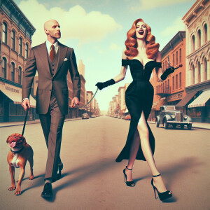 Create a photorealistic image of a stylish couple walking down a...