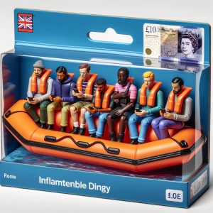 Toy playset in packaging of orange dingy with  male migrants on...