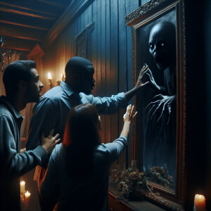 Two men and one woman found a dark gloomy mirror in a scary hous...