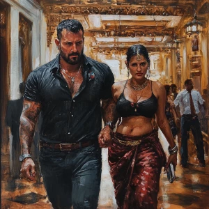 realistic painting.A sweaty beefy man walking with his 54 year o...