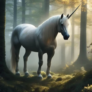 A glowing unicorn standing in a misty forest clearing.