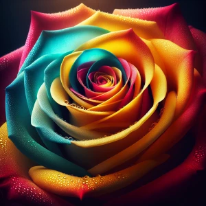 A macro shot of a meticulously crafted rose, its petals a riot o...