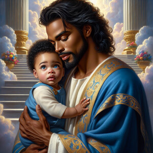 Classical oil painting style depicting an African-American Jesus...