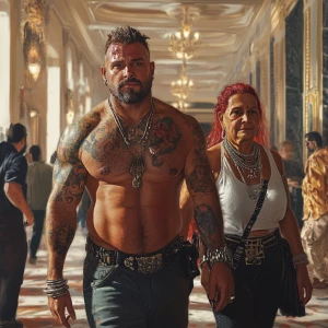 Realistic art 1:1, a muscular, tattooed man sweating as he walks...