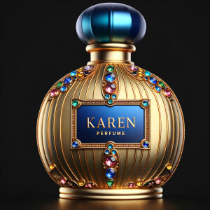 Create a 3-D realistic gold and blue, colorful jewels perfume b...