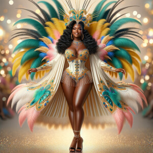 Create a 3-D  vivid full-body view of a colorful glossy hyper-realistic oil painting of a detailed illustration full length photo single image of a beautiful African-American caramel skinned woman plus sized, with long, black, wavy hair, her make up is airbrushed and flawless, she is dressed in a white, teal and yellow large, elaborate, elegant, very detailed carnival costume with colorful African-American pink, blue, gold yellow green feathers, flawless makeup, prominent lashes, black peep toe heels, white pixie hair, background bokeh, she is stunning and smiling, digital art.