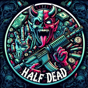 Create a professional, horror-themed circular brand logo featuri...