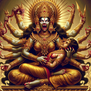 portrait of angry looking, four-armed indian goddess sitting on...