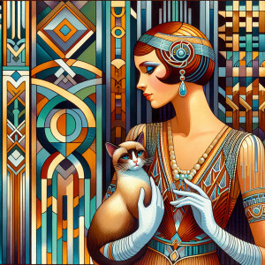 An erté type of drawing in color with the woman holding a cat