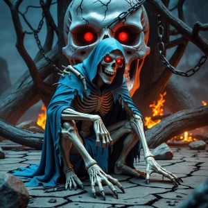 A terrifying skeletal creature with a menacing grin, wearing a t...