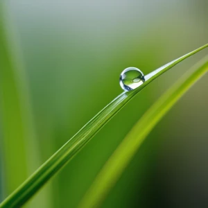 A close-up of a dewdrop resting on a blade of grass.