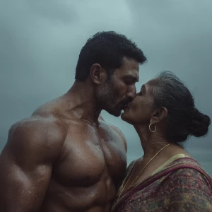 Hyperrealism.a muscular sweaty indian  man  standing with his at...