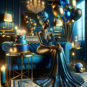 Create a 3-D realistic, African-American woman, she is seated on a luxurious blue couch. She is dressed in a splendid blue and gold gown, with the fabric shimmering like a starlit night sky. Her outfit is complemented by gold earrings and a chic blue and gold head wrap crowning her head with elegance. Beside her, a beautifully decorated birthday cake adorned with blue and gold icing, stands on a small table, with candles waiting to be wished upon. In the air, blue and gold balloons catch the light, adding a touch of magic. The room itself is a harmony of celebration, with hints of gold accents against blue decor, creating an atmosphere of joyous celebration.