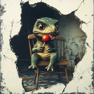 A cute little dinosaur with a guilty expression, is sitting on a vintage reading chair with wooden legs. He has a red lollipop in his hand and is licking it. His tongue shows that he is licking the lollipop. The scene is shown in dark lighting with the light accented on the dinosaur. The scene is shown through a hole in the wall. The floor part of the scene is vintage cobble stones. The hole in the white plaster wall is realistic with some cracks.