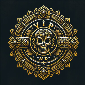 The text is 'VIP IND', BACKGROUND BLACK, BADGE GOLD, Skull and e...