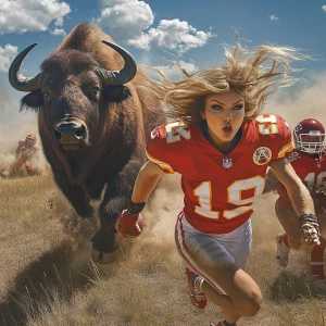 A large blue buffalo chasing Taylor Swift while she is wearing a...