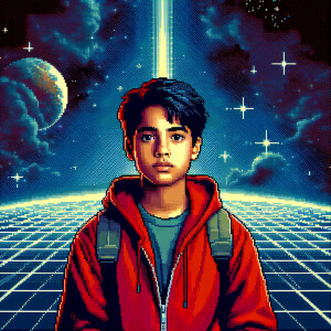 A space adventure with a 13 year old boy in a red hoodie