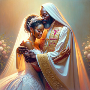 Imagine a hyper-realistic oil painting that captures a tender moment between theAfrican American bride and her God. The setting is intimate and filled with soft, warm lighting that enhances the emotional depth of the scene. The bride, in herexquisite wedding gown, shares a heartfelt embrace with her african-American Lord Jesus , who is dressedin an elegant outfit that complements the wedding's color scheme. Their expressions are full of love, pride, and joy, reflecting the special bond between them. Theattention to detail is paramount, from the intricate designs of their dresses to the subtle emotions conveyed in their facial expressions. The background is a blur ofgentle pastel hues, ensuring that the focus remains on this touching moment. Thispainting should convey the warmth, love, and depth of the relationship, with the rich textures and vibrant strokes characteristic of oil paintings, capturing the essence of this significant pre-wedding moment.