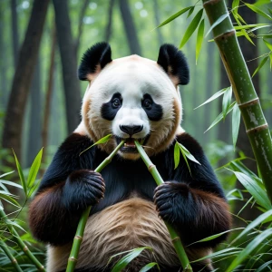 Giant panda eating bamboo in a forest