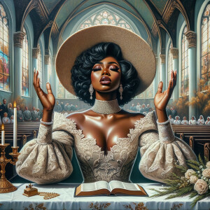 Render an airbrush oil painting of an African American woman with flawless makeup
kneeling at a church altar, her hands raised in a gesture of surrender to God. She's
dressed in stylish Sunday Best attire, with a particular focus on the delicate details of
her Church Hat. The background features a beautifully painted church interior, with the
oil paint texture enhancing the sacred atmosphere. The artwork should capture the
woman's devout expression, the elegance of her attire, and the spiritual ambiance of
the church setting, reflecting a moment of deep faith and devotion.