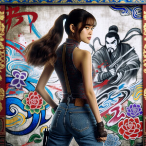 Attractive, Asian teenage girl, long brown hair and bangs, wearing tight skinny jeans and a halter top paint marks on her clothing, backside view heroic pose Asian graffiti