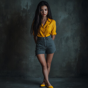 Capture the elegance of a fair-skinned woman with dark long hair...