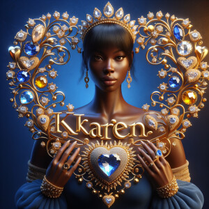Craft a 3-D image showcasing the name 'KAREN' in a luxurious gol...