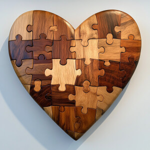 A wooden puzzle shaped like a heart with interlocking pieces, se...