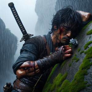 A wounded swordsman leaning his back on the rock, savoring the f...