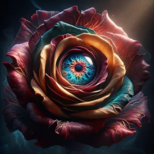 A Multi-colored Rose, the petals shifting hues from deep crimson...