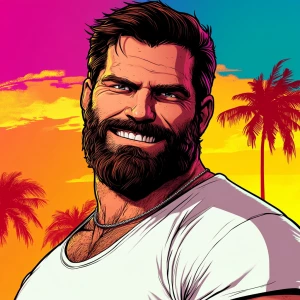 White muscular thin man with beard, big chin, smile and cheekbon...
