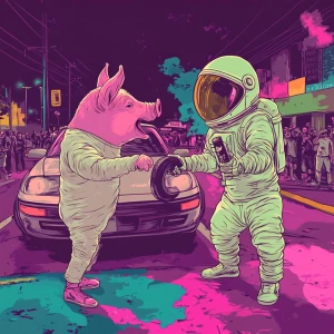 Cute cartoon pig in vintage white spacesuit and NASA style helme...