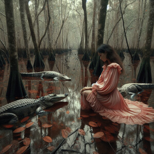 a young child in close proximity to three alligators in a swampy...