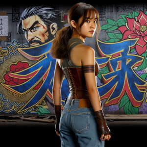 Attractive, Asian teenage girl, long brown hair and bangs, wearing tight skinny jeans and a halter top paint marks on her clothing, backside view heroic pose Asian graffiti