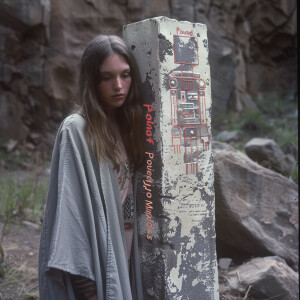 A realistic faded film photograph from 1968 of a beautiful, frec...