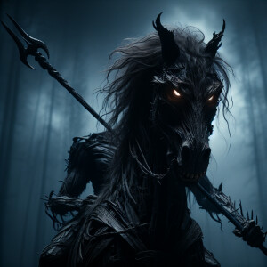 Create an image of a threatening centaur wearing a decrepit, dar...