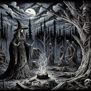 A striking, cinematic illustration of a witch standing beside a...