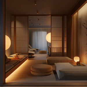 Imagine a serene Japandi hotel room bathed in soft ambient light...
