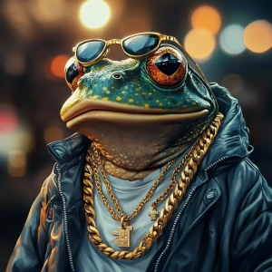 realistic anthropomorphic frog character wearing gold chains and...