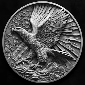 a grayscale bas relief of a mighty eagle wings outstretched with...