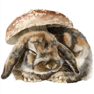 Warm earth tones rabbit sleeping under mushroom, soft watercolor...